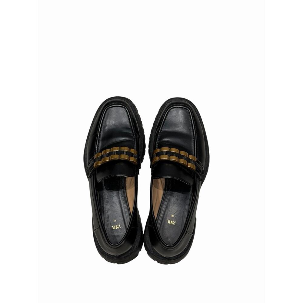 Zara Black Patent Faux Leather Chunky Loafers SZ 40 Gold Chain Punk Y2K - Picture 8 of 13